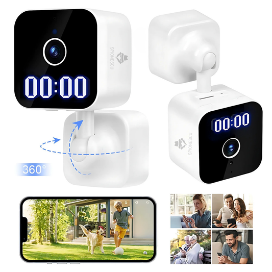 Camera spion tip ceas digital cu afisaj LED, rezolutie Full HD 1080P, vizualizare panoramica 360°, detectie inteligenta AI, vizibilitate nocturna IR, audio bidirectional, conexiune Wi-Fi, alb
