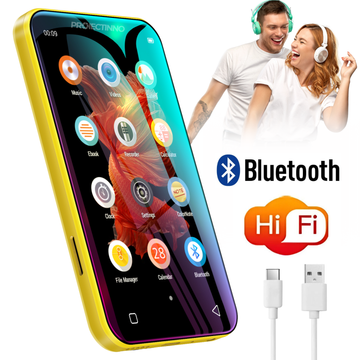 MP3 Player portabil cu ecran tactil 4 Inch, Q3, Bluetooth 4.2, rezolutie 1080P, memorie Interna 8GB, suport card MicroSD, formate audio HiFi multiple, baterie 1800 mAh, galben