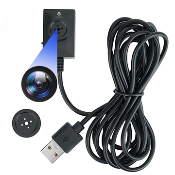 Camera ascunsa tip nasture cu cablu 2 m, rezolutie AVI 1280x960P la 30fps, inregistrare automata in bucla, suport microSD 32GB, alimentare permanenta 220V, design discret, negru