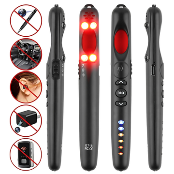Detector aparate spionaj G718, detecteaza camere ascunse, microfoane spion, localizatoare GPS si reportofoane, frecventa 300–2700 MHz, alarma 80 dB, lanterna LED, baterie reincarcabila 280 mAh, autonomie 3–5 ore, negru