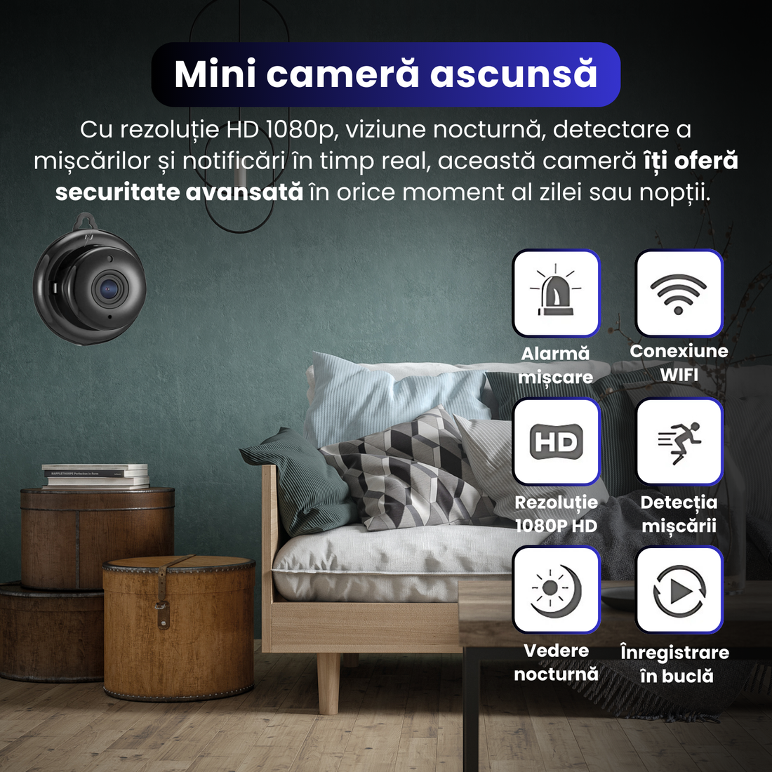 Mini camera de supraveghere WiFi 1080P, viziune nocturna, detectie miscare, audio bidirectional, hotspot AP, control prin aplicatie, negru