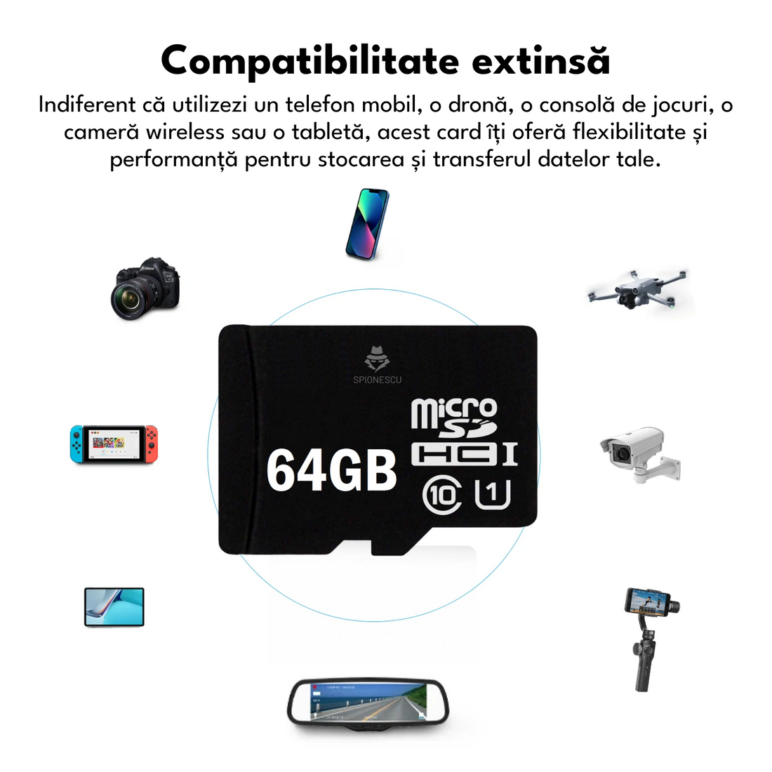 Card de memorie MicroSD, 64 GB, Clasa 10, pentru telefon, camera video de supraveghere, aparat foto, rezistent la apa  IPX6