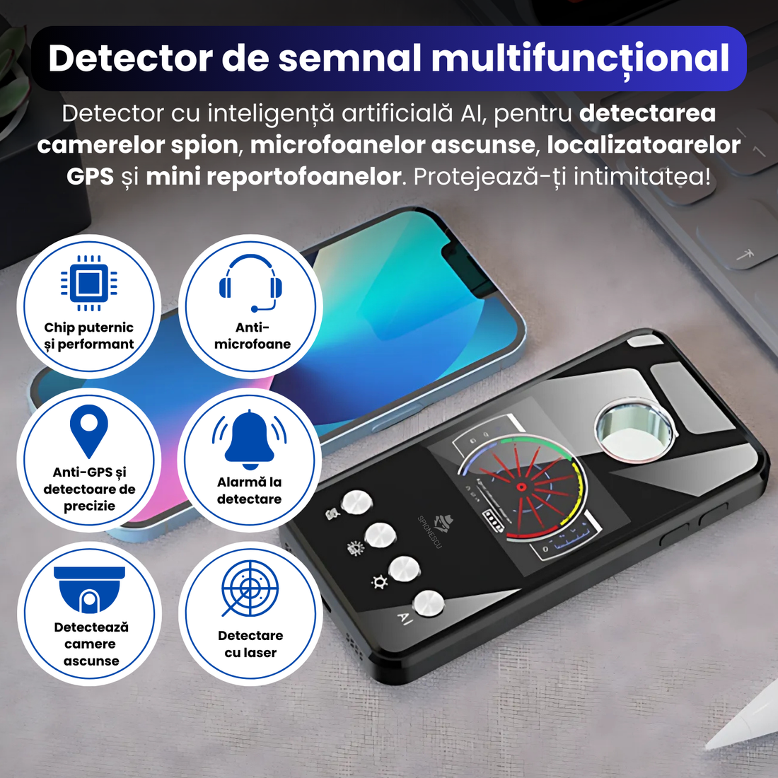 Detector profesional cu inteligenta artificiala AI pentru camere ascunse, microfoane, localizator GPS, reportofoane - AL-T2