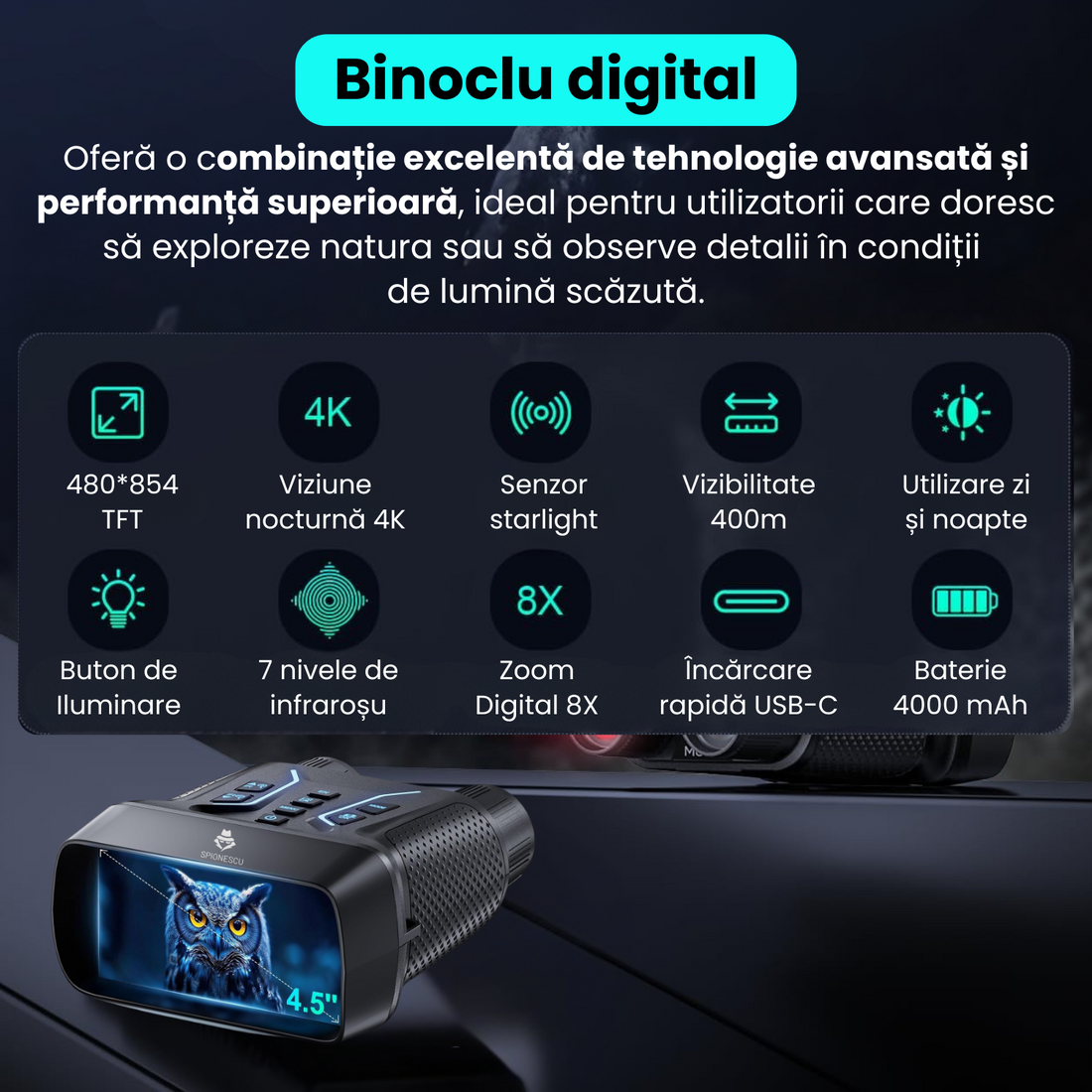 Binoclu digital cu vedere nocturna 4K, zoom optic reglabil, 8x, 7 nivele infrarosu, ecran 4.5", 4000 mAh, vizibilitate 400 m