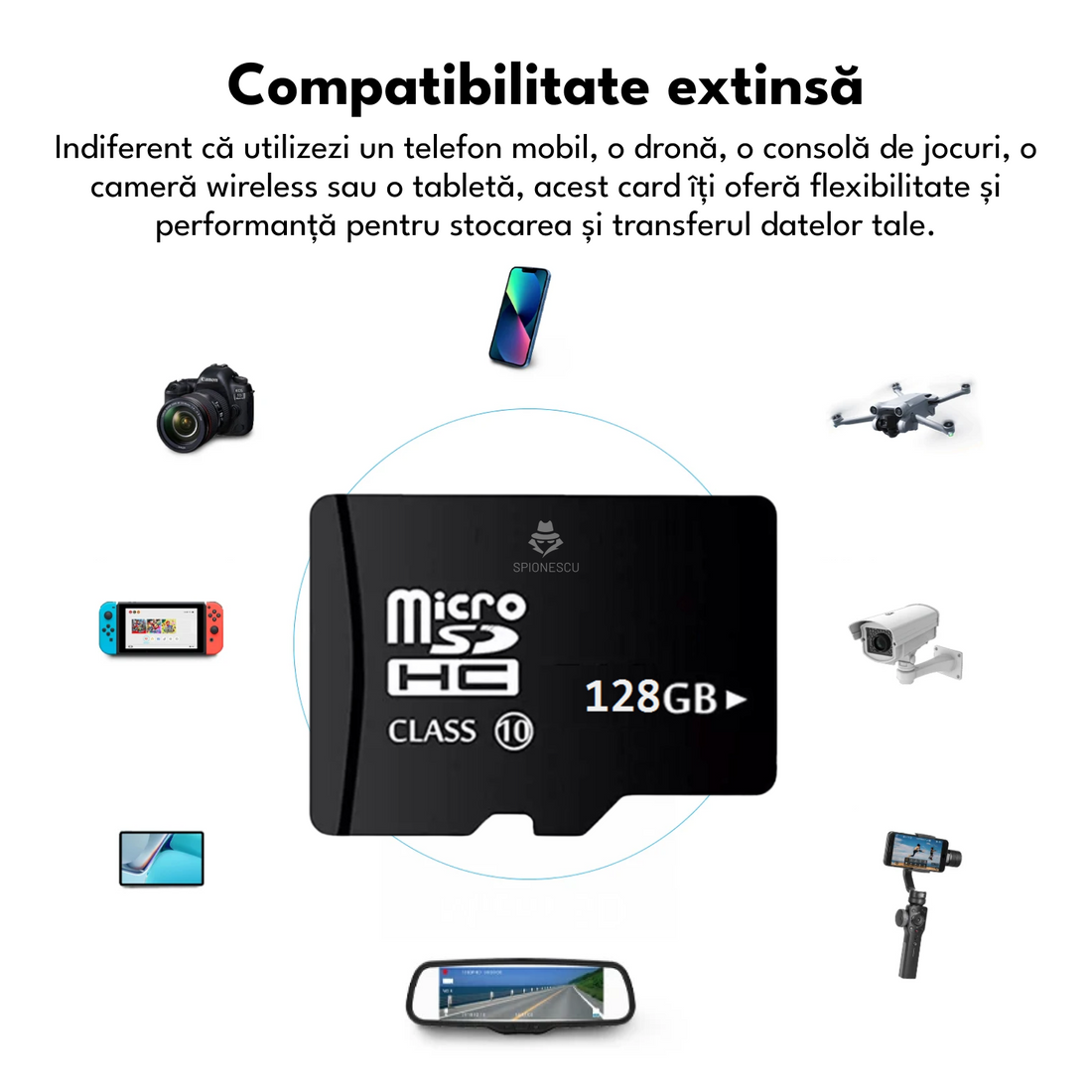 Card de memorie MicroSD, 128 GB, Clasa 10, pentru telefon, camera video de supraveghere, aparat foto, rezistent la apa  IPX6