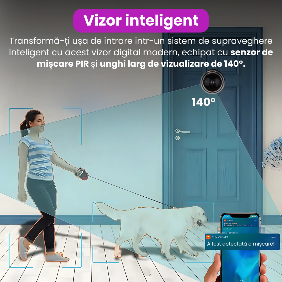 Vizor inteligent pentru usa cu camera video 1080P, WiFi 2.4G, detectarea miscarii, audio bidirectional, stocare cloud si card TF, control din aplicatie Tuya Smart, unghi larg 140°