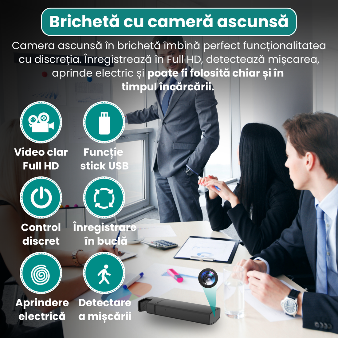 Bricheta cu camera ascunsa, functie reala de aprindere electrica, inregistrare video Full HD 1080p, detectare miscare, inregistrare in bucla