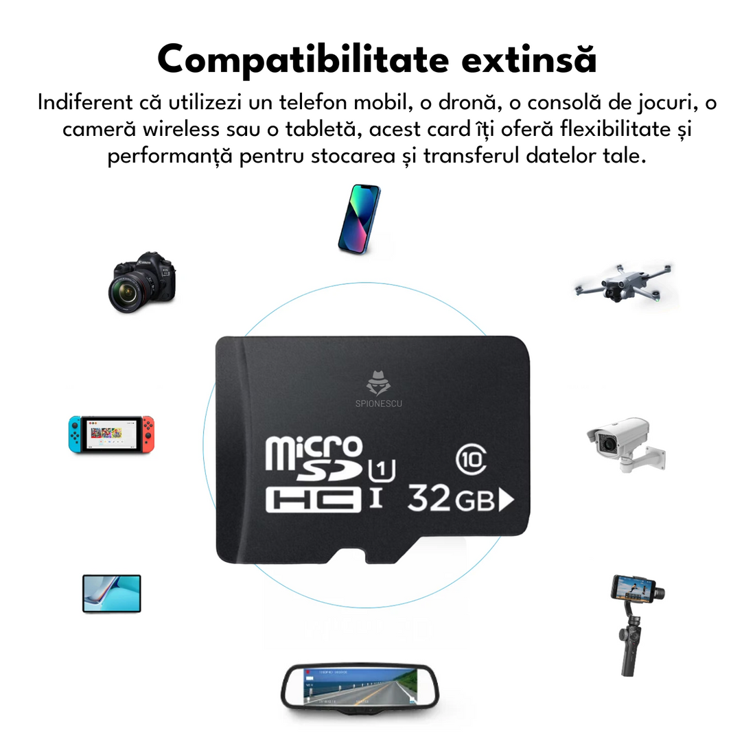 Card de memorie MicroSD, 32 GB, Clasa 10, pentru telefon, camera video de supraveghere, aparat foto, rezistent la apa  IPX6