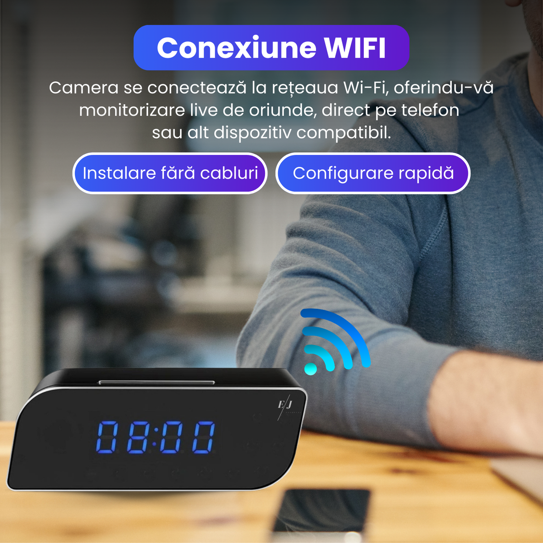 Ceas cu camera video ascunsa – WiFi, Night Vision, 150° unghi larg, detectarea miscarii pe iOS, FULL HD