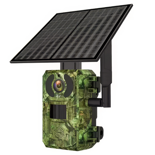Camera video de vanatoare cu panou solar, H104G, 4MP, 4G, baterie 7800mAh, panou solar 6W, raza actiune pe timp de noapte 25 m, IR, vizionare nocturna, detectarea miscarii, IP66, camuflaj