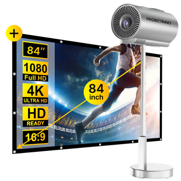 Mini videoproiector 4K 3D TS-3 cu ecran de proiectie 84 inch, Proiectinno, 1200 ANSI lumeni, 1GB RAM+8GB ROM, LCD, wifi, bluetooth, suport telescopic rotativ 90° integrat, sunet HIFI, portabil, argintiu