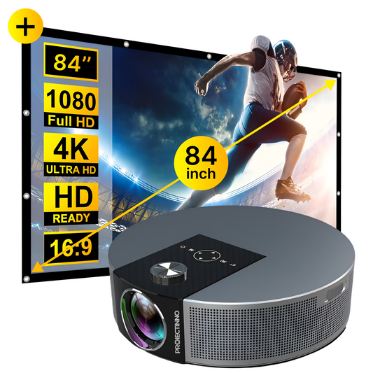 Mini videoproiector 4K 3D LED Q10 cu ecran de proiectie 84 inch, 20000 lumeni, 1GB RAM+8GB ROM, WIFI 2.4+5G, control vocal, bluetooth, Airplay, compatibil Android, IOS, Windows, portabil, gri