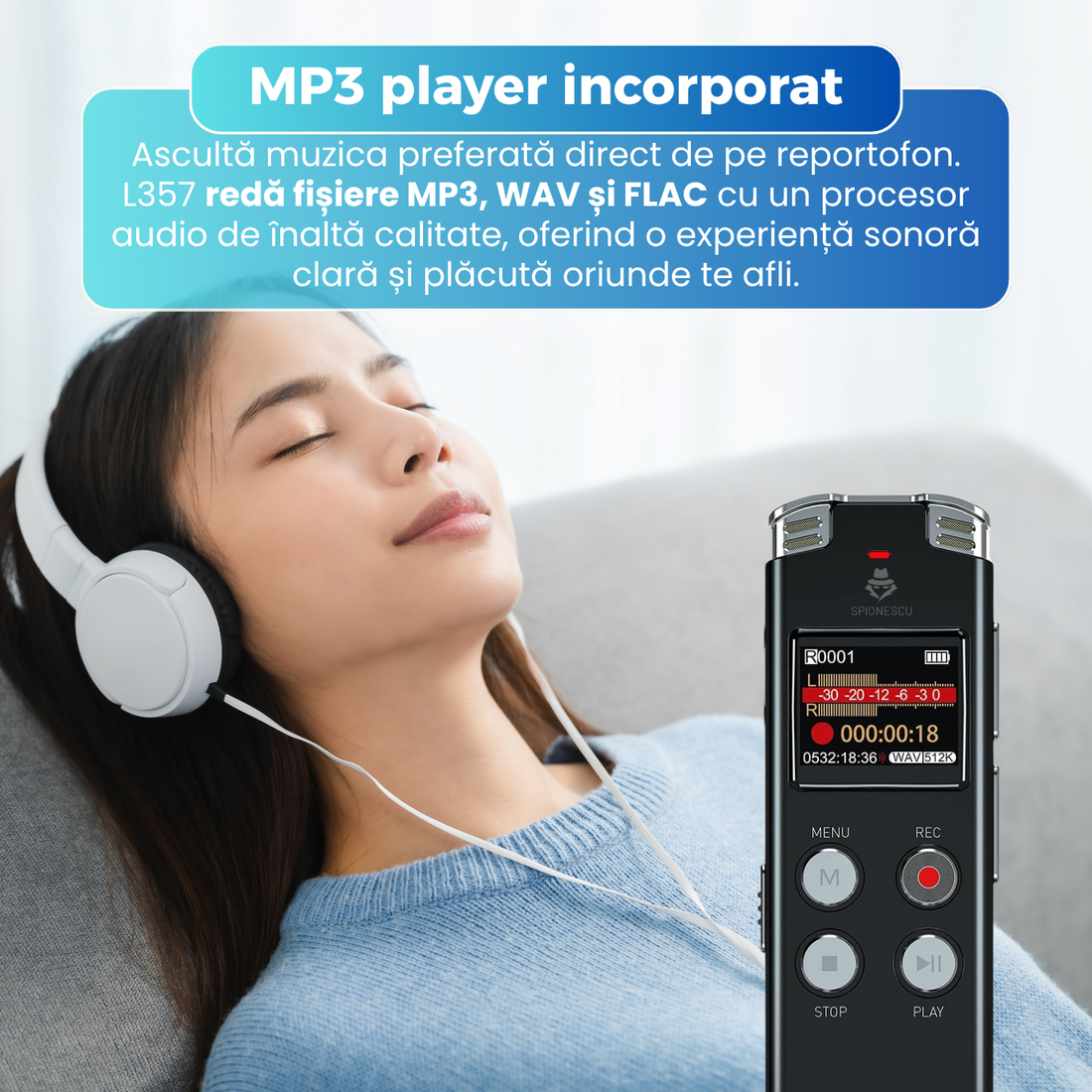 Reportofon digital cu activare vocala, L357, 16 GB, autonomie 10 ore, redare 35 ore, functie MP3 player, anulare a zgomotului, negru
