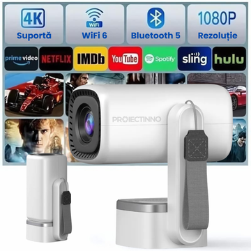 Videoproiector inteligent portabil cu Android 13, Proiectinno, P36, rezolutie 1080P, suport 4K, Wi-Fi 6, luminozitate 200 ANSI, focalizare automata, sunet DSP stereo, suport rotativ 180°, alb