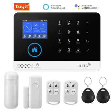 Sistem de alarma wireless inteligent, ACJ-401, WiFi si GSM, ecran color touchscreen, control prin aplicatie Tuya Smart / Smart Life, apel SMS notificari, suport senzori PIR, usa, fum, gaz, RFID, alb