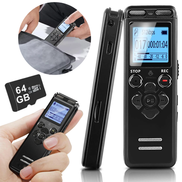 Reportofon profesional digital E36, activare vocala, inregistrare PCM 1536 kbps, microfoane duale, memorie interna 8GB, card TF 64GB inclus, baterie 800mAh, autonomie 45 ore, MP3 player, USB-C, negru