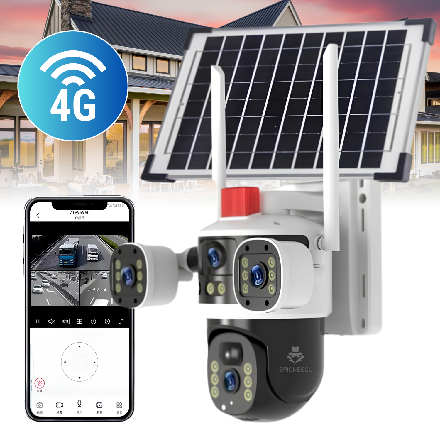 Camera supraveghere exterior 4G cu panou solar, 6MP, 3 lentile, PTZ 340°, detectare PIR, urmarire automata, vedere nocturna color si IR, audio bidirectional, baterie 8000mAh, IP65, alb