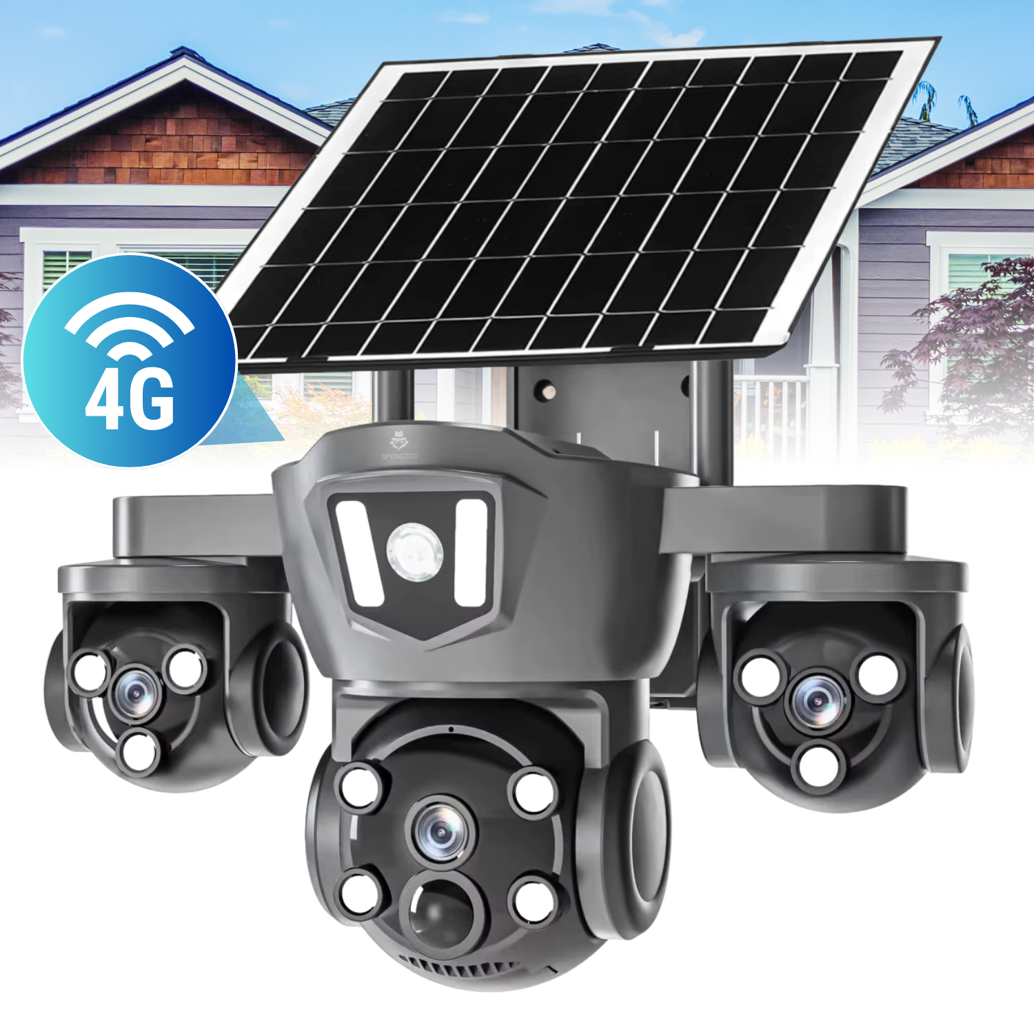 Camera de supraveghere exterior 4G, 3 lentile 6MP, 3 ecrane, PTZ 270°, detectare AI persoane, Motion Tracking, vedere nocturna color, panou solar 8W, baterie 8000mAh, audio bidirectional, negru