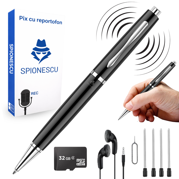 Pix cu microfon ascuns, activare vocala, baterie 160 mAh, MP3 Player, negru - 32 GB