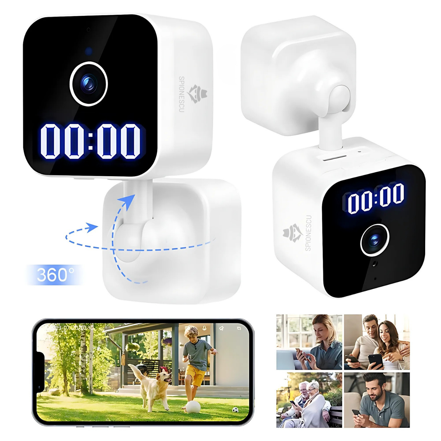 Camera spion tip ceas digital cu afisaj LED, rezolutie Full HD 1080P, vizualizare panoramica 360°, detectie inteligenta AI, vizibilitate nocturna IR, audio bidirectional, conexiune Wi-Fi, alb