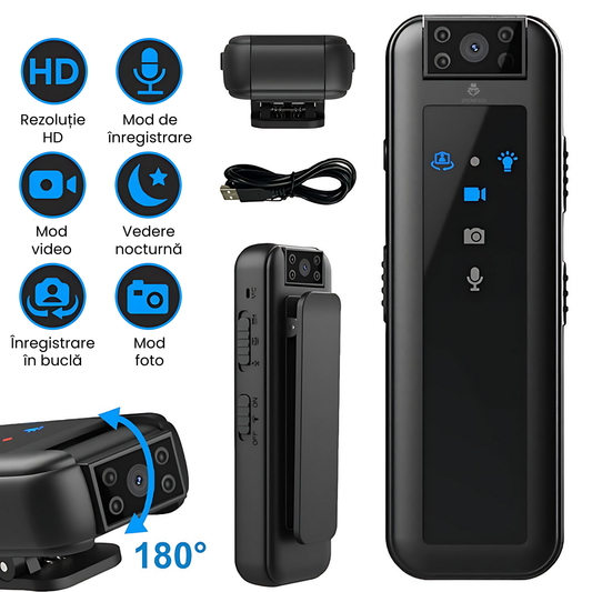 Camera video corporala, body cam full HD, 12 MP ,  baterie 600mAh, inregistrare continua 5 ore, rotatie camera 180°, microfon, vedere de noapte, dimensiuni reduse, negru