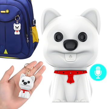 Mini reportofon spion tip breloc, GL-16, design caine, activare vocala, inregistrare silentioasa, autonomie pana la 70 ore, rezistent la apa si praf, MP3 player, memorie interna, alb