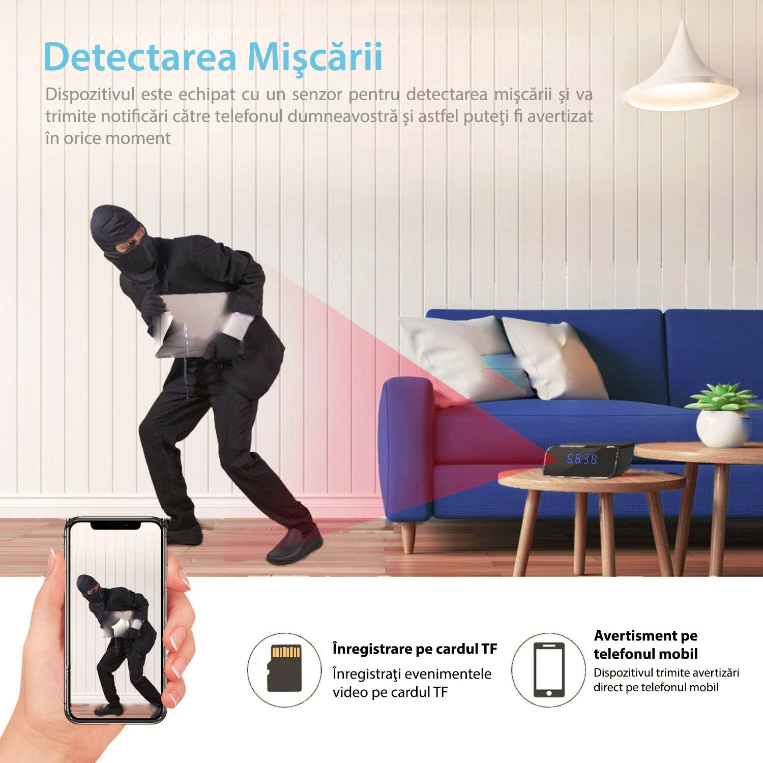 Set 2 ceasuri cu camera ascunsa WiFi, HD, night vision, unghi 160°, infrarosu si senzor de miscare