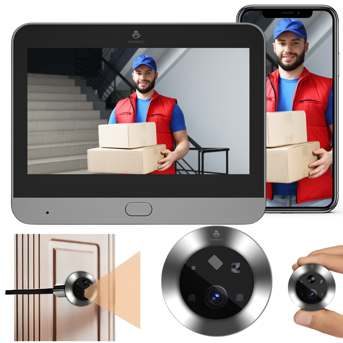 Sonerie video cu vizor digital, camera 2MP Full HD 1080P, ecran LCD 4.3 inch, WiFi 2.4GHz, Tuya Smart, detectare miscare PIR, Night Vision IR, unghi 120°, baterie 5000mAh, Cloud, gri