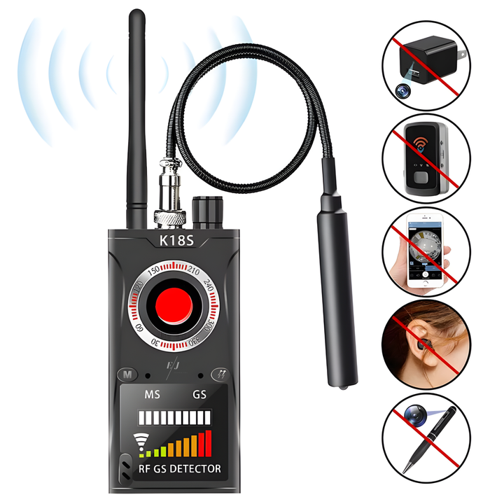 Detector aparate spionaj, K18S, camere, microfoane, localizatoare GPS sau GSM, autonomie 25 ore, anti-spy, distanta detectare 10m, portabil, negru