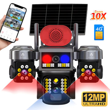 Camera de supraveghere cu panou solar, 4G, 12MP, zoom 10X, 3 lentile PTZ, detectie miscare PIR, viziune nocturna color, audio bidirectional, alarma luminoasa si sonora, rezistenta IP66