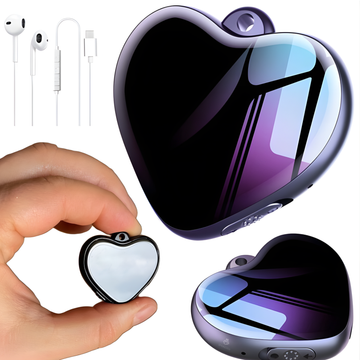 Mini reportofon spion tip pandantiv inimioara Q66, activare vocala, design fara butoane, inregistrare ADPCM 1536Kbps, autonomie 35h, player MP3, control prin cablu, negru-violet