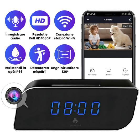 Camera spion WI-FI ascunsa in ceas desteptator, detectare miscare pe iOS, rezolutie 1080P, Tehnologie DVR Wi-Fi IP, 2500 mAh, autonomie 5 ore, unghi de vizualizare 136°, negru