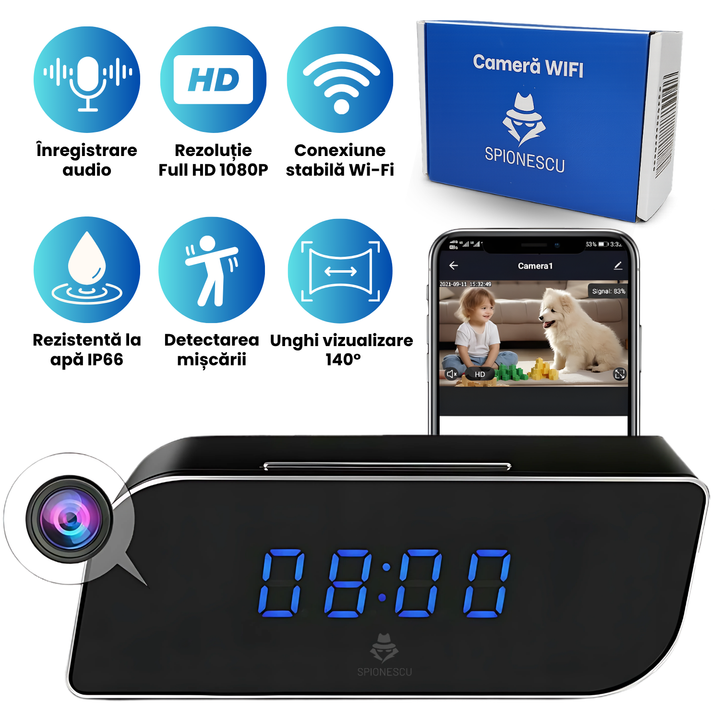 Camera Spion Ascunsa in Ceas Desteptator, WiFi, 1080P Full HD, Unghi 140°, Detectie Miscare, Night Vision, Acumulator 1200mAh, Inregistrare 24/7
