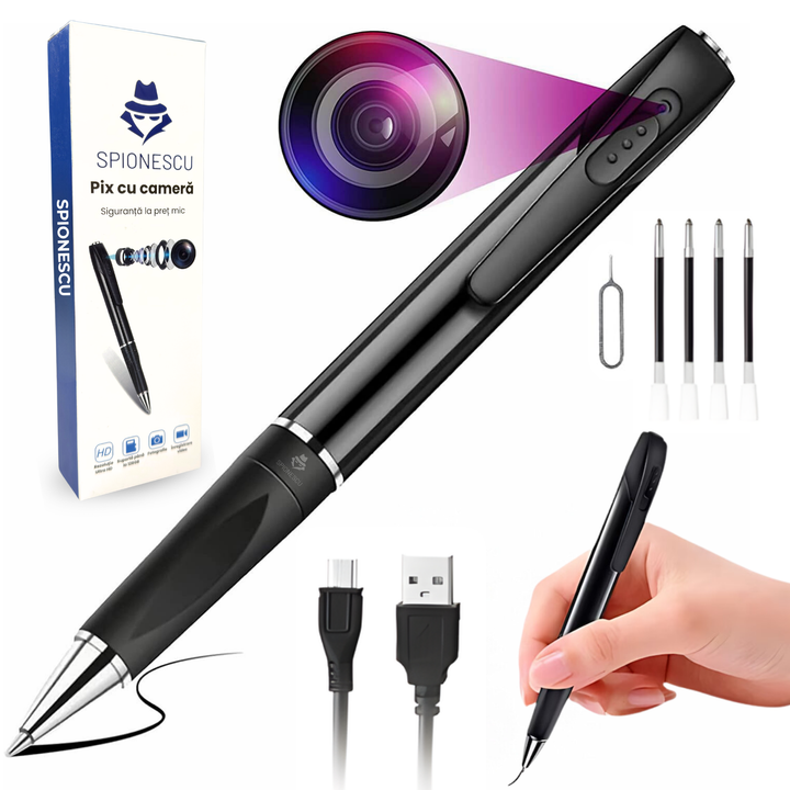 Pix spion camera 1080 HD si microfon, dispozitiv inregistrare audio, video, foto, pix spion cu camera ascunsa