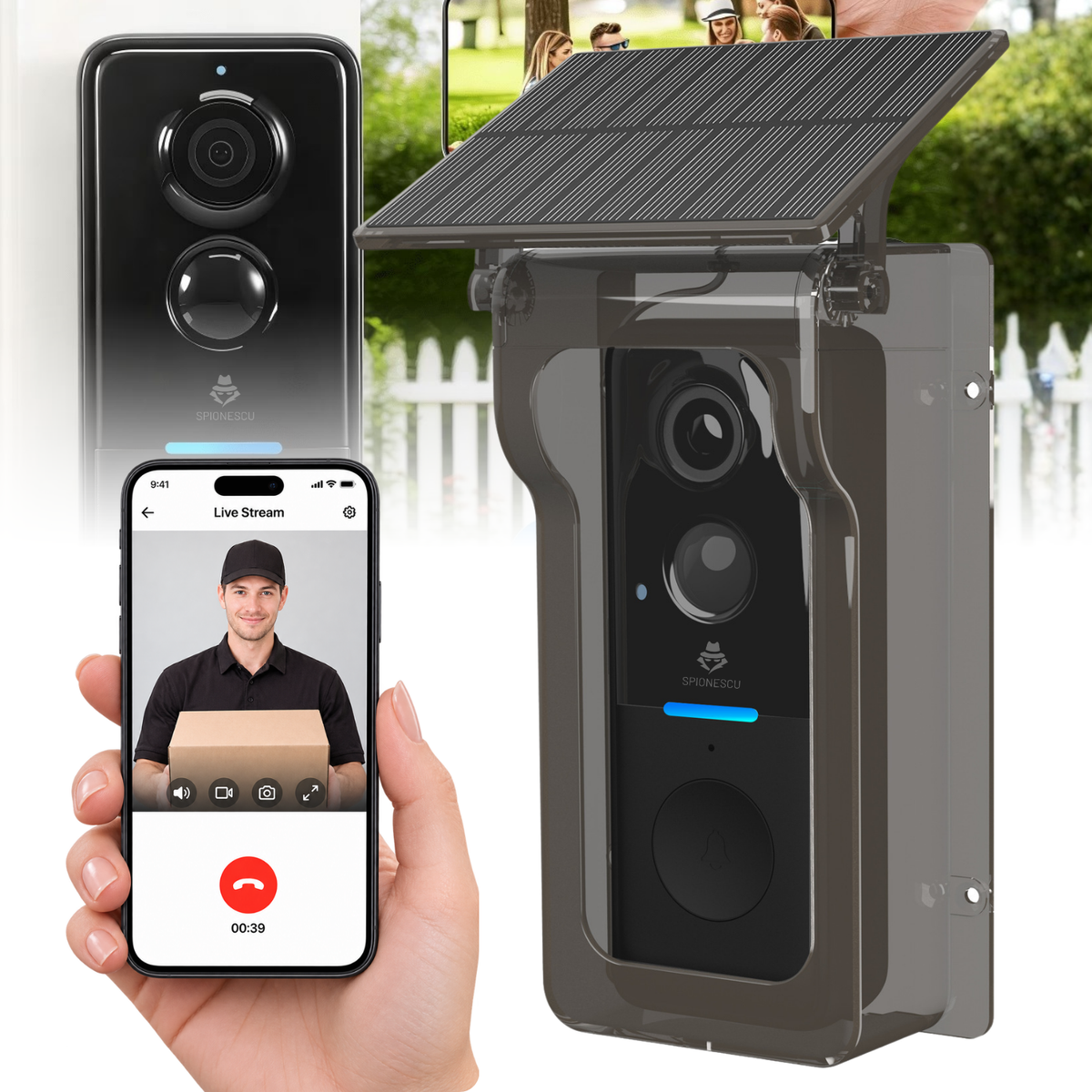 Sonerie video inteligenta wireless cu camera, 2MP, WiFi, Tuya, Full HD 720P, monitorizare live pe telefon, detectare miscare, vedere nocturna IR, interfon video, baterie 4000mAh, incarcare solara, IP65, Chime inclus, negru
