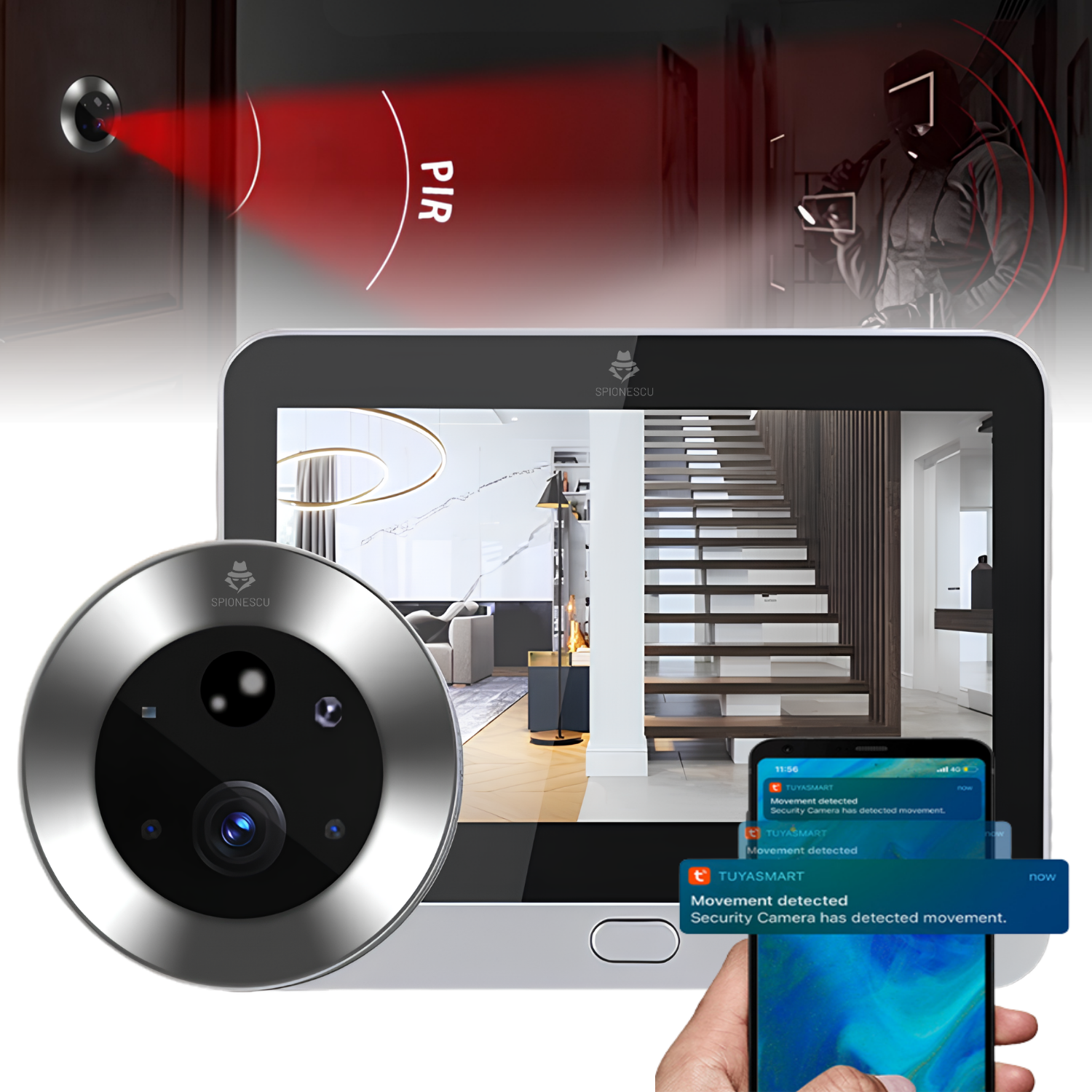 Sonerie video cu vizor digital, camera 2MP Full HD 1080P, ecran LCD 4.3 inch, WiFi 2.4GHz, Tuya Smart, detectare miscare PIR, Night Vision IR, unghi 120°, baterie 5000mAh, Cloud, gri