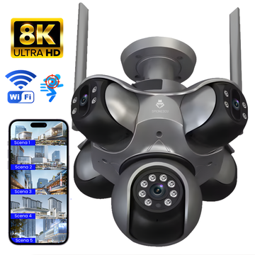 Camera de supraveghere exterioara, 8K Ultra HD, 5 lentile, viziune nocturna color, detectie umana, urmarire automata, audio bidirectional, IP66, Wi-Fi, stocare card si cloud
