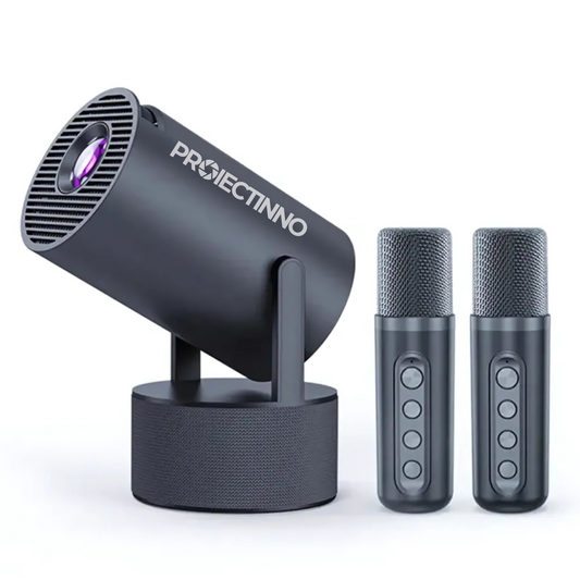 Videoproiector karaoke portabil, unghi de 180°, Android 11.0, 260 ANSI lumeni, WIFI 6, telecomanda, 2 microfoane incluse, AM 1GB / ROM 8GB HDMI, negru