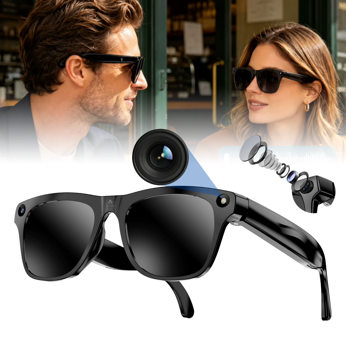 Ochelari inteligenti cu camera 8 MP, traducere AI, audio wireless, microfon integrat, asistenta AI, baterie 290 mAh, rama PC, 40 g, negru