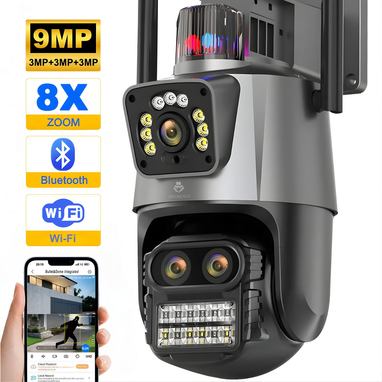 Camera de supraveghere tripla 4K, WiFi, 9MP, PTZ 355°, zoom digital 8X, viziune nocturna color + IR, detectie miscarare, IP66, conectivitate bluetooth si RJ45, CCTV, comunicare bidirectionala