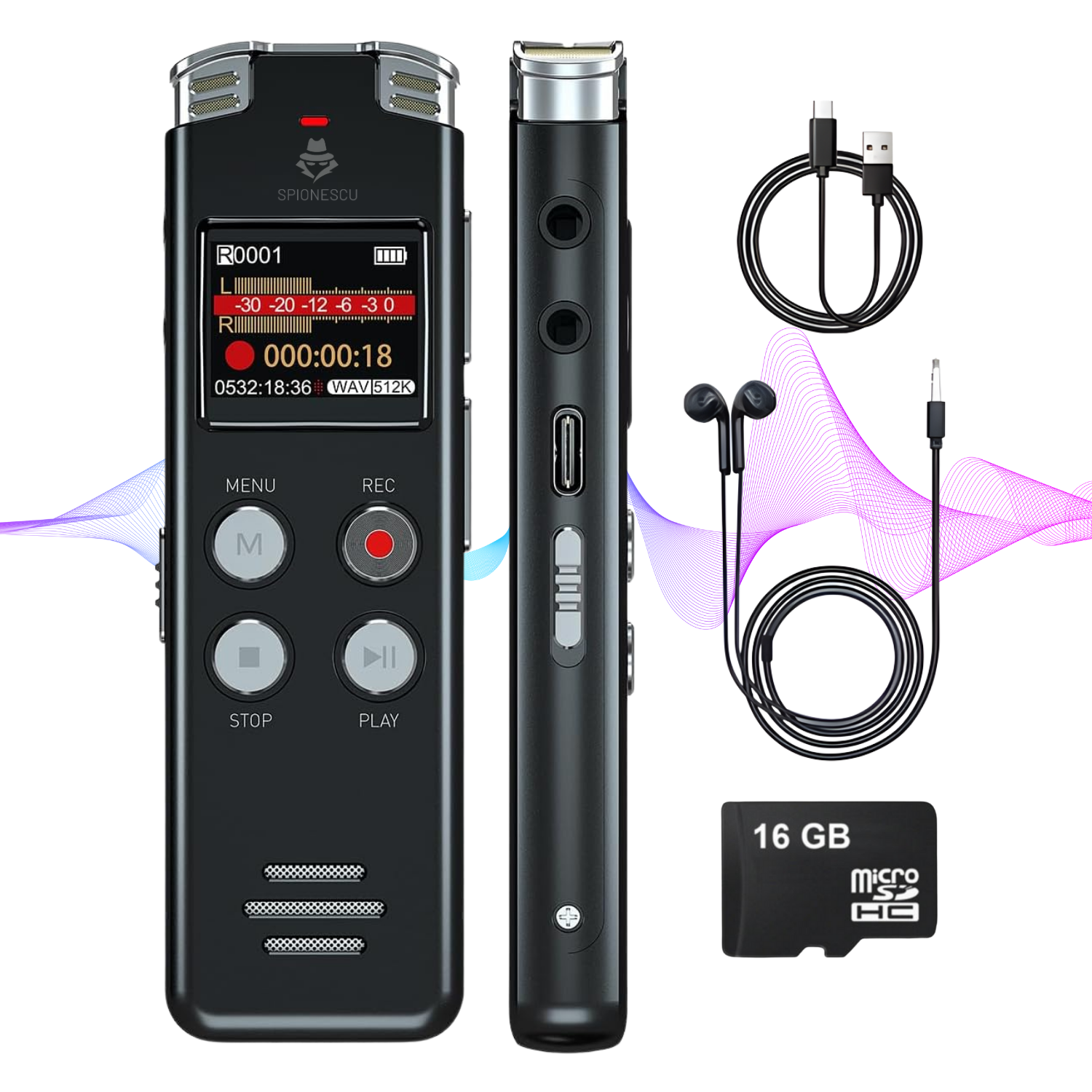 Reportofon digital cu activare vocala L357, 16GB, autonomie 10 ore inregistrare, 35 ore redare, functie MP3 player, reducere zgomot, design compact, negru