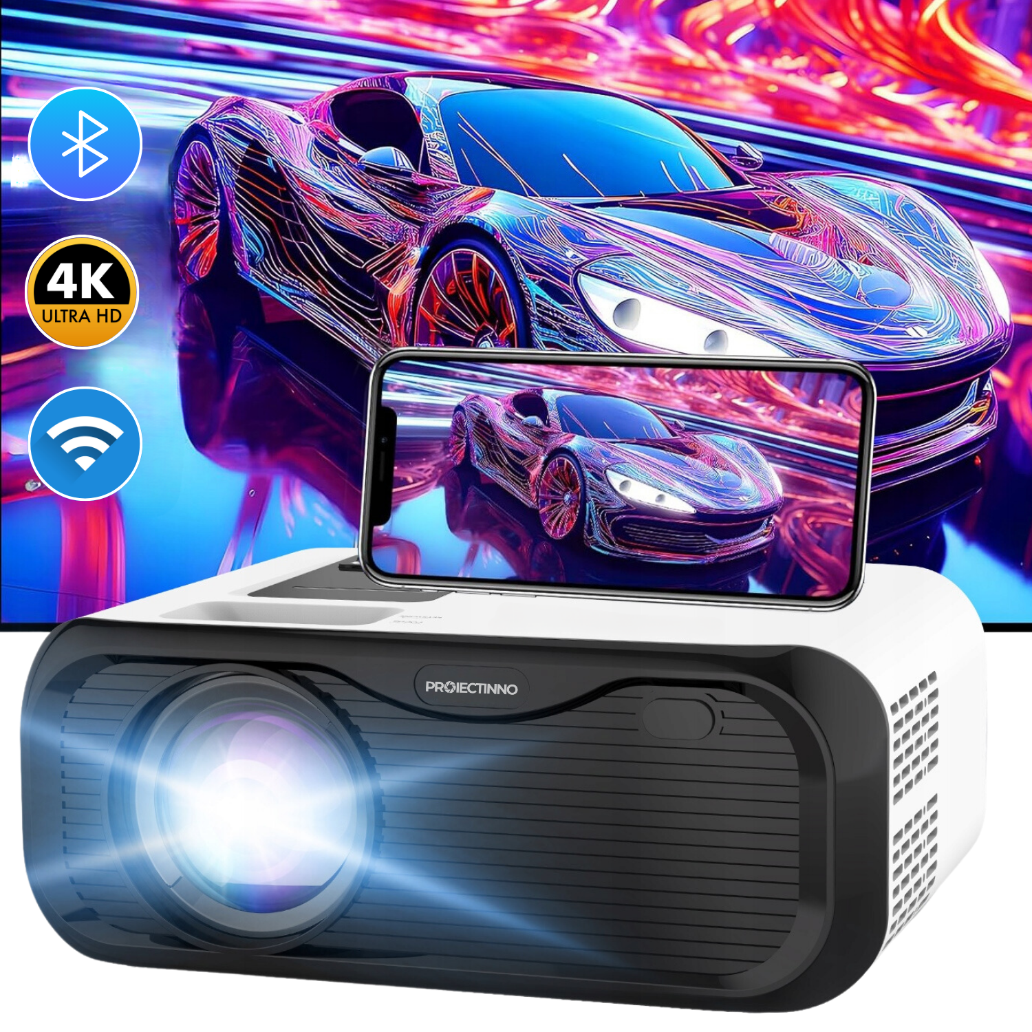 Videoproiector E500, 4K, WiFi, 150 ANSI Lumeni, lampa LED, corectie Keystone, difuzor 5W, conectivitate multipla, portabil, alb