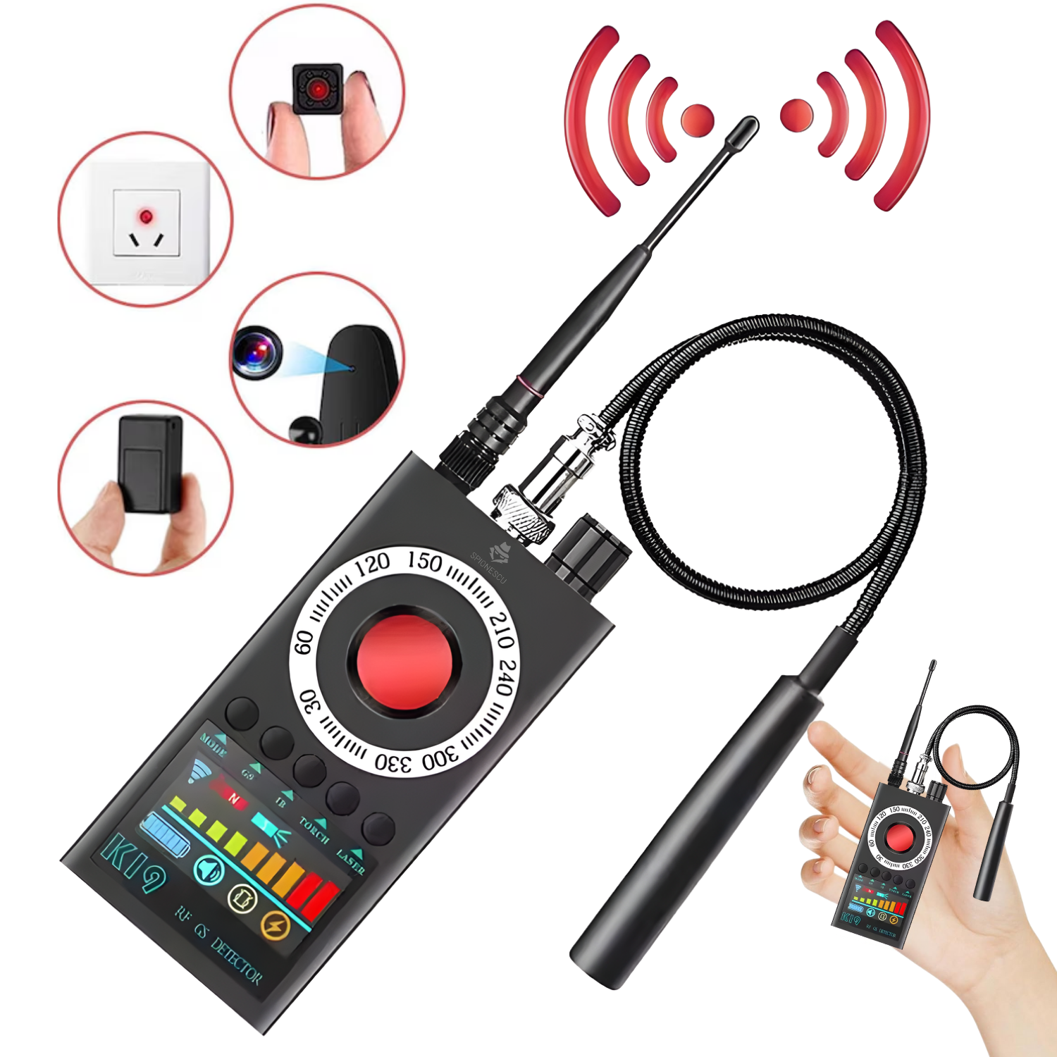 Detector aparate spionaj, K19, cip 3D inteligent, RF GPS, detectie 360°,  ecran LED, ajustare sensibilitate, raza 40 m², autonomie 5 ore, baterie 350 mAh