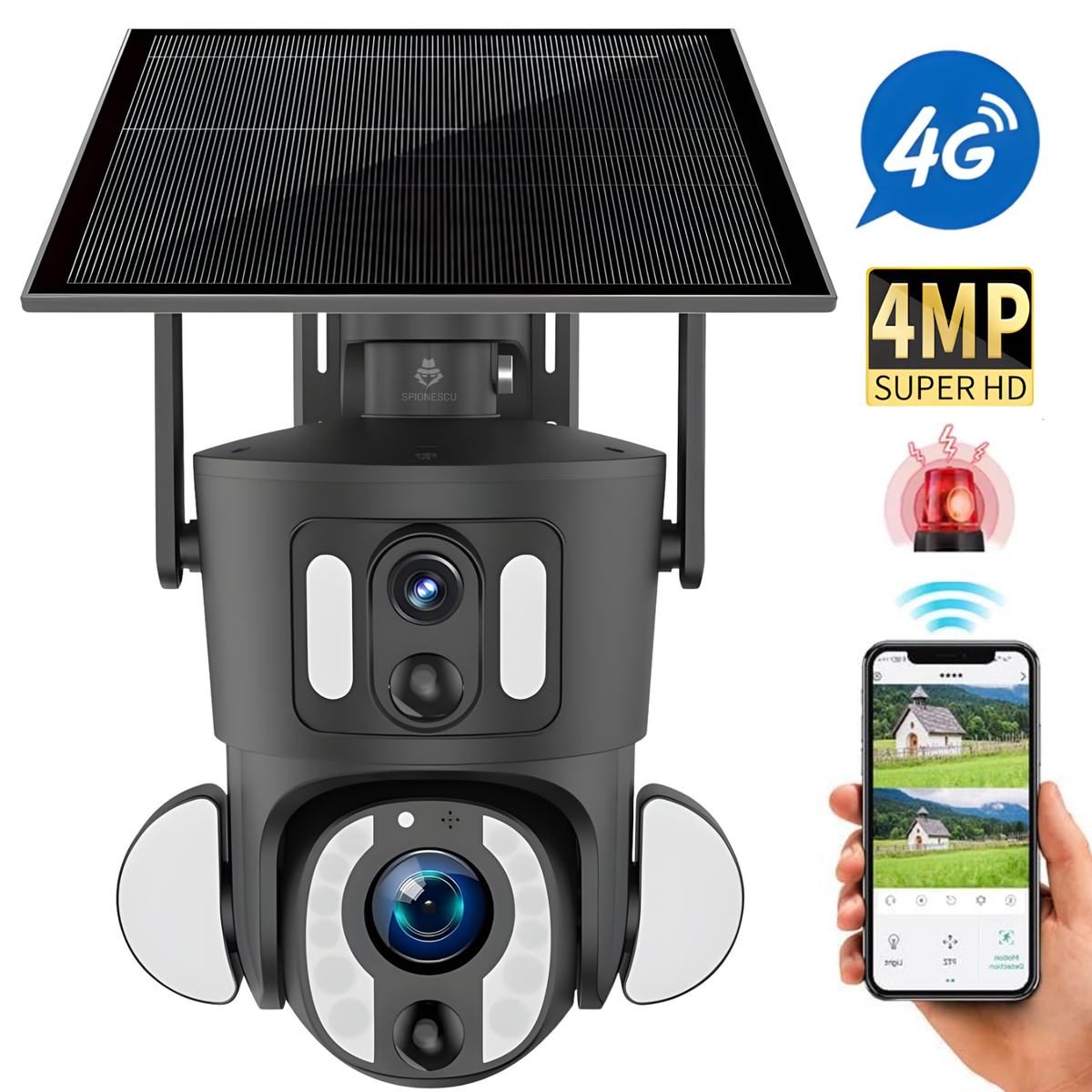 Camera de supraveghere dubla, Q32, 4G, 4MP, PTZ, CCTV, IP 66, panou solar 9W, vedere panoramica 360º, detectare AI, night vision color, infrarosu, comunicare bidirectionala