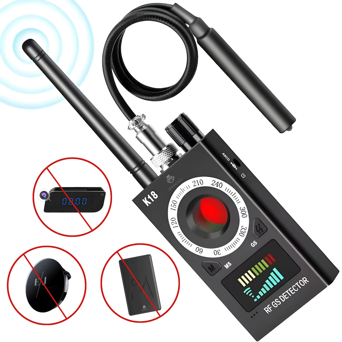 RESIGILAT - Detector dispozitive spionaj K18, camere ascunse, microfoane, localizatoare GPS, detectie RF 1MHz–6.5GHz, autonomie mare, sensibilitate reglabila, LED rosu, protectie intimitate