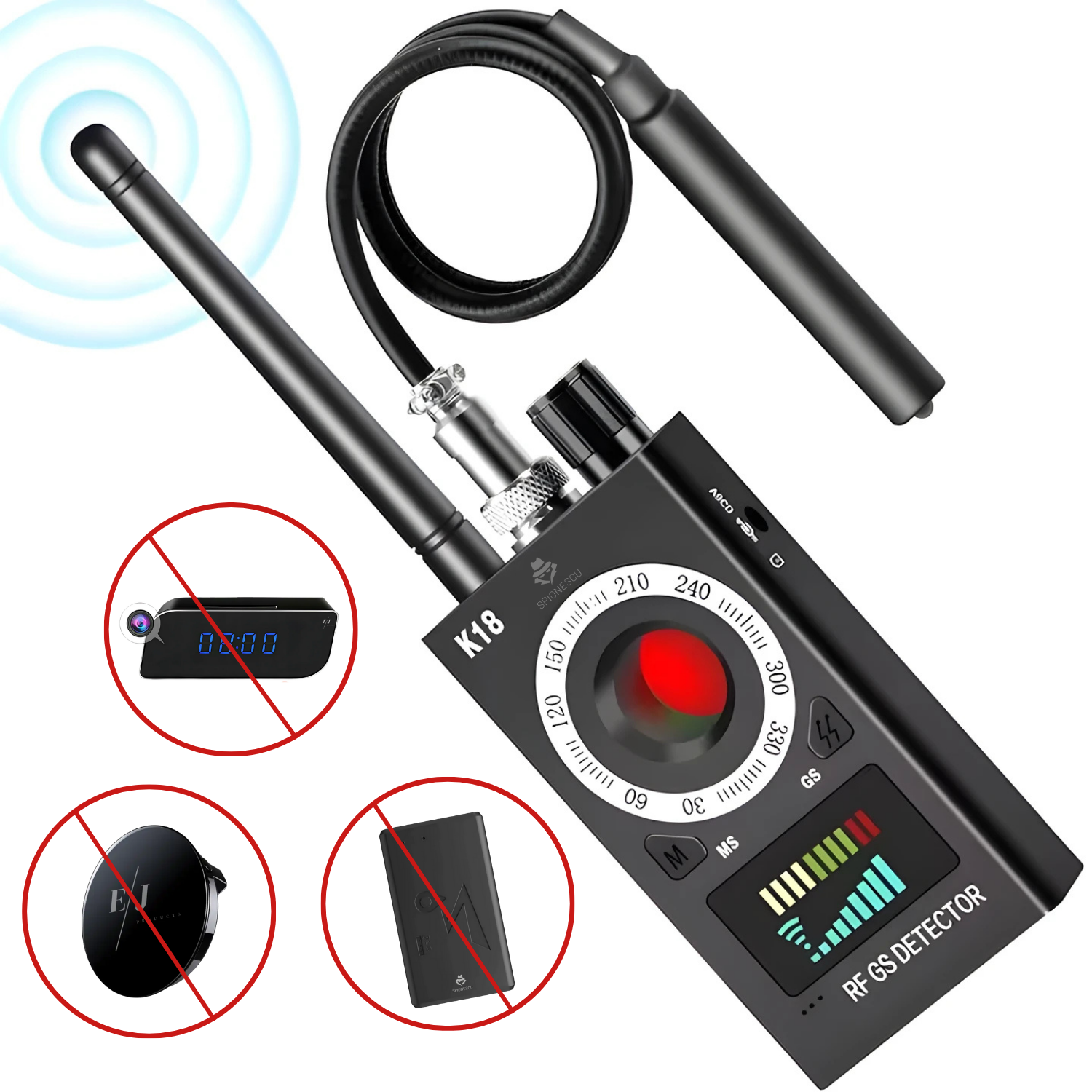 Detector dispozitive spionaj K18, camere ascunse, microfoane, localizatoare GPS, detectie RF 1MHz–6.5GHz, autonomie mare, sensibilitate reglabila, LED rosu, protectie intimitate