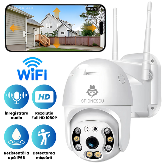 Camera de supraveghere 2 MP HD, PTZ, vedere nocturna color, WIFI, detectie forma umana, microfon incorporat, rezistent la apa IP66, comunicare bidirectionala