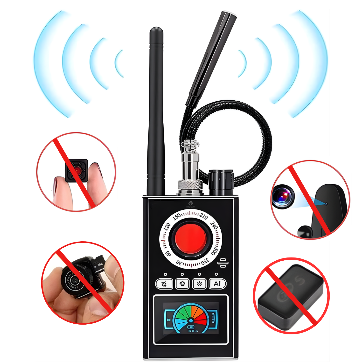 Detector aparate spionaj, K88, frecventa 1–8000 MHz, detectare camere ascunse, GPS si WiFi, infrarosu cu filtru optic, ecran LED, baterie 1200 mAh