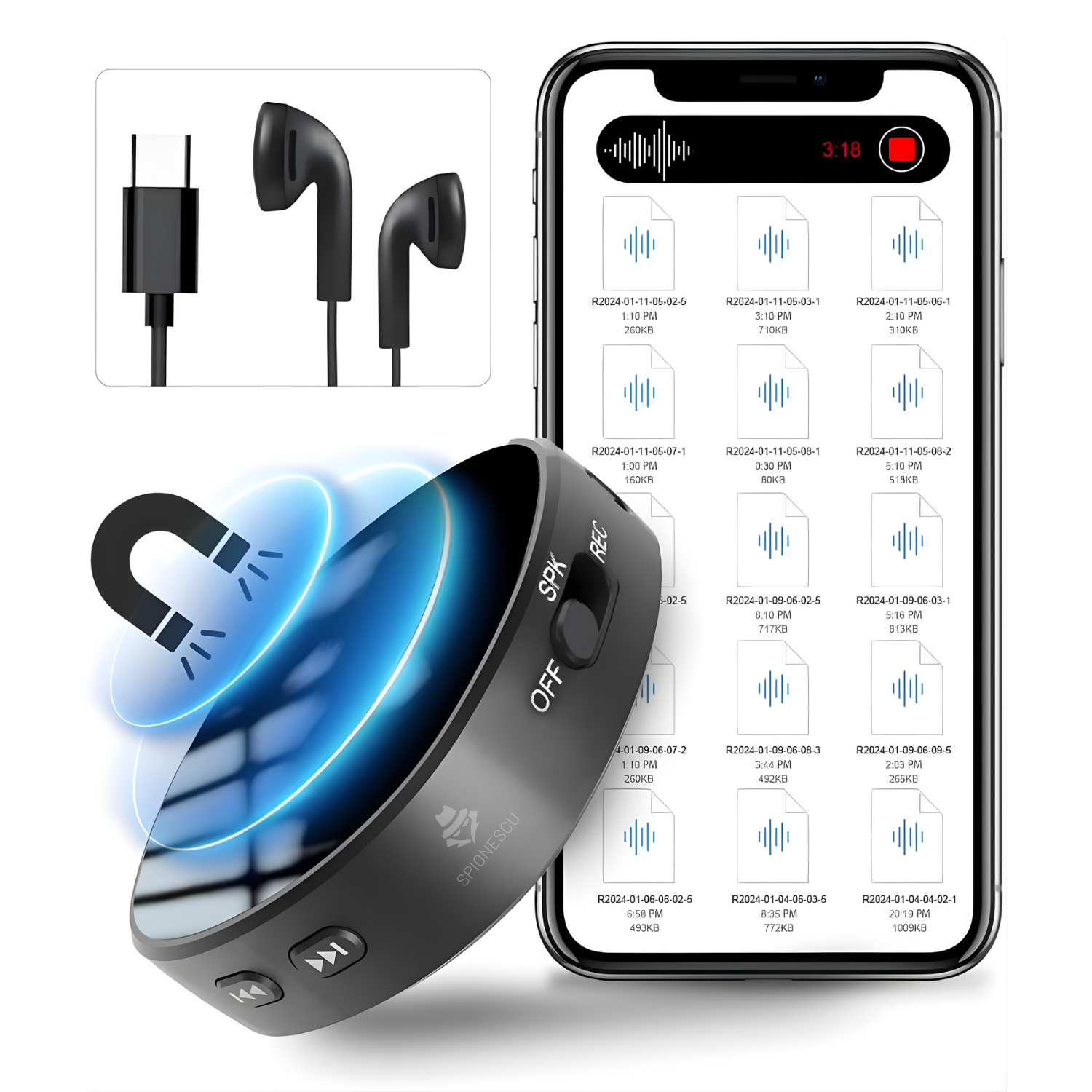 Mini reportofon digital Z13, activare vocala automata, reducere inteligenta a zgomotului AI, inregistrare 360°, difuzor incorporat, functie MP3, autonomie 100 ore, memorie interna, design mini portabil, negru