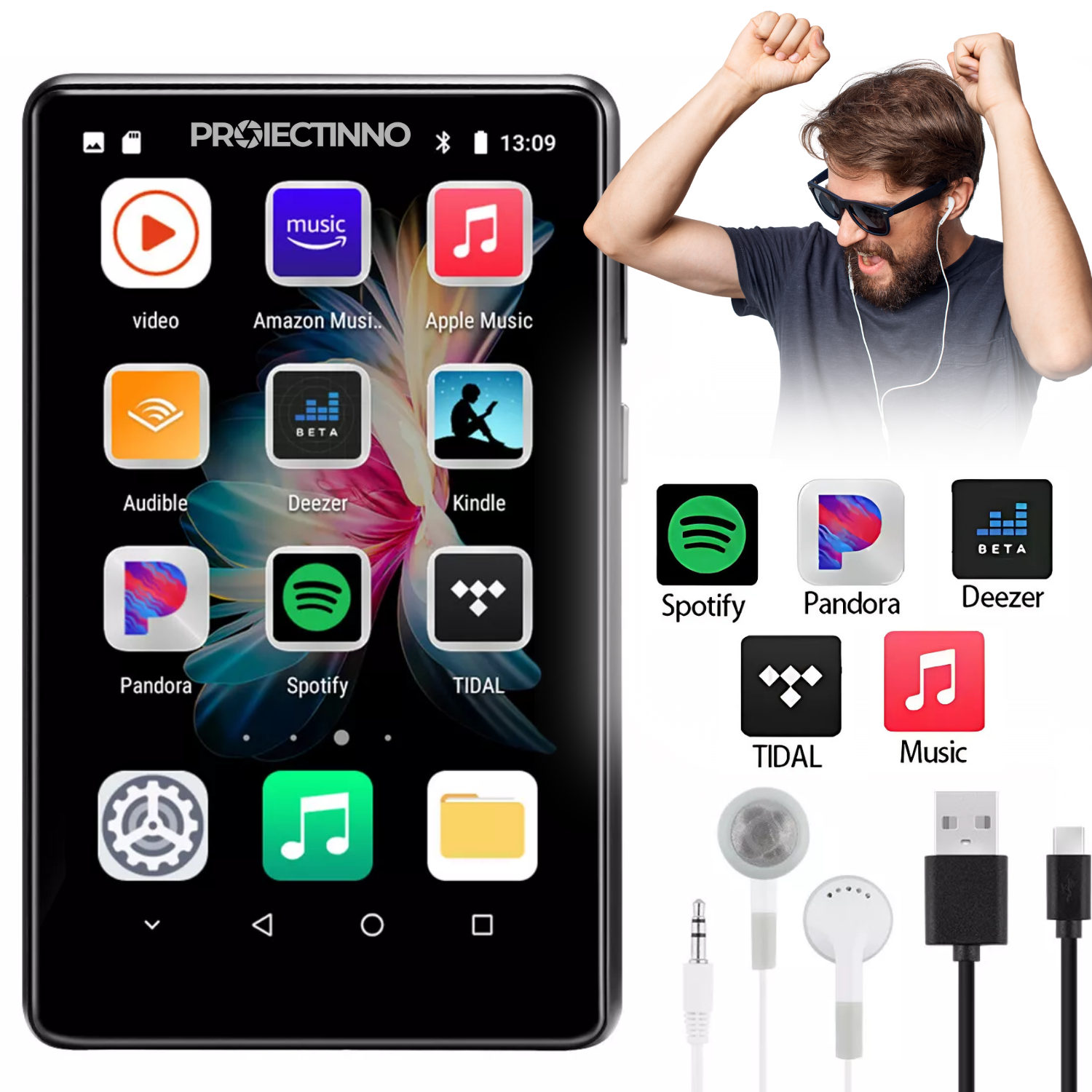 MP3 Player Portabil cu Ecran Tactil 4", M9, Android, 2GB RAM, 16GB stocare, bluetooth 5.0, wi-Fi, baterie 1500 mAh, USB Type-C, jack 3.5 mm, redare muzica si video, radio FM, e-book, OTG, slot Card TF, negru